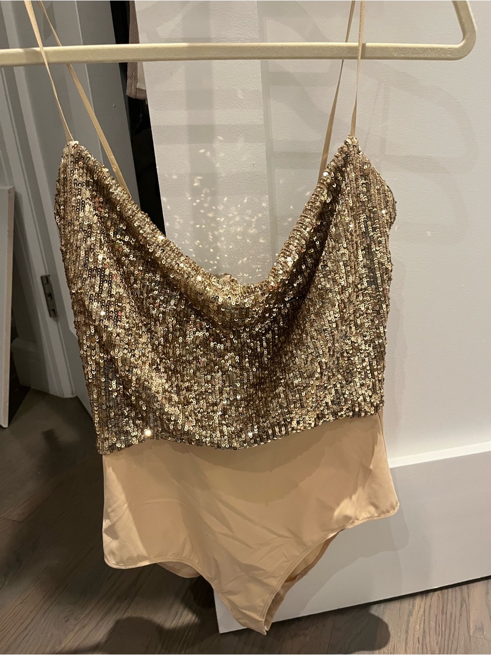 NWT Balmain Gold Sequin Cowl Neck Bodysuit